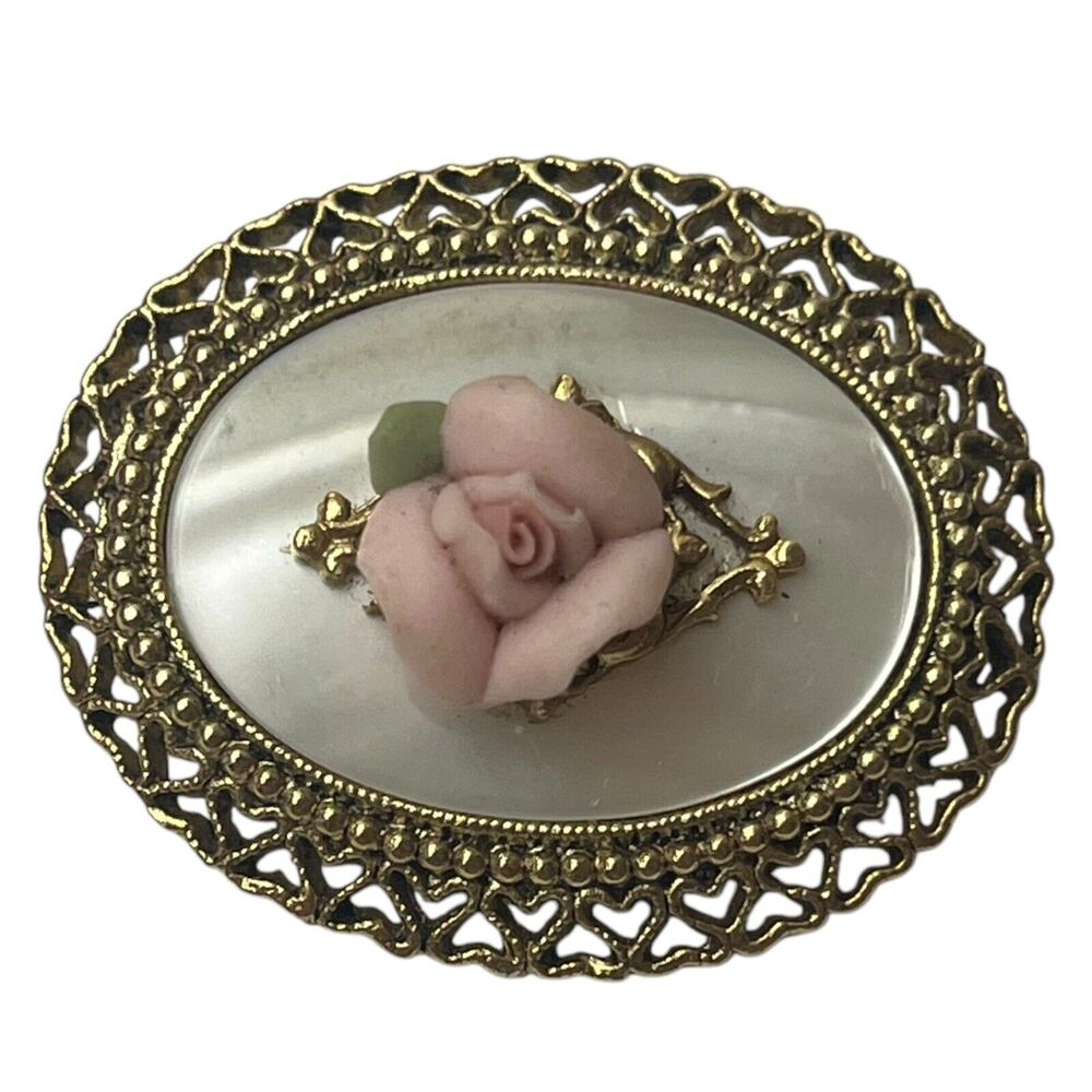 Vintage Gold Tone Oval Brooch Mother‎ Of Pearl with a Pink Rose 1.25"x1.125”